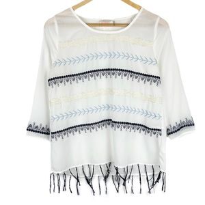 Moon Boho Embroidered Fringe Semi-Sheer Blouse Top Size Small